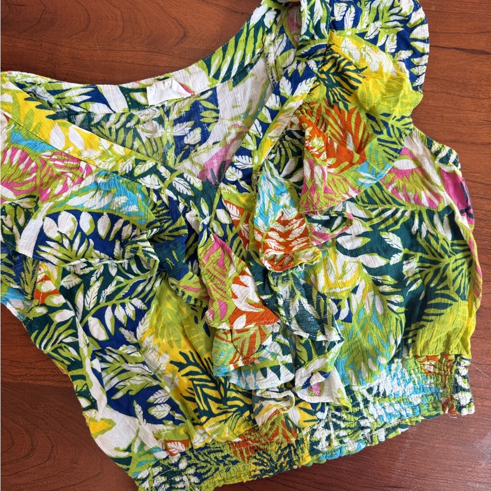 Nicole Miller Tropical Leaf Ruffle Crop Top 🌺 Size Small - Picture 2 of 7